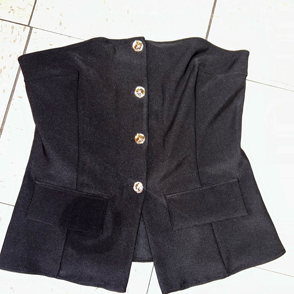 Large Strapless Black Button-Front Women's Vest with Flap Pockets Luxury Style